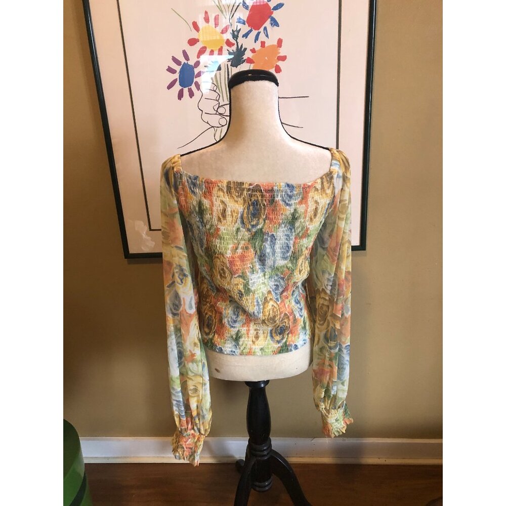 NWT By Anthropologie yellow floral smocked puff balloon sleeve top - Picture 4 of 5